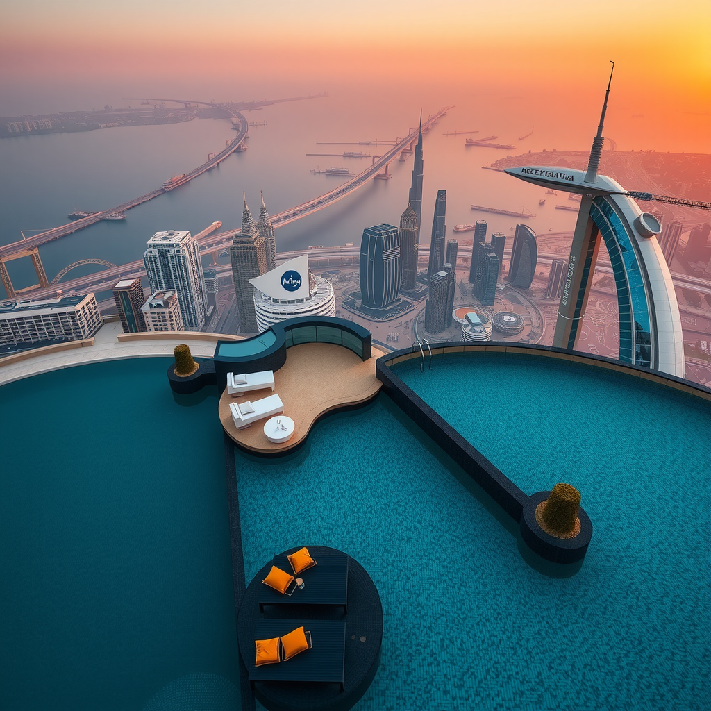 Breathtaking aerial view of SkyPoolWithAura's luxury infinity pool at sunset, showcasing the stunning Dubai skyline and golden reflections on the water