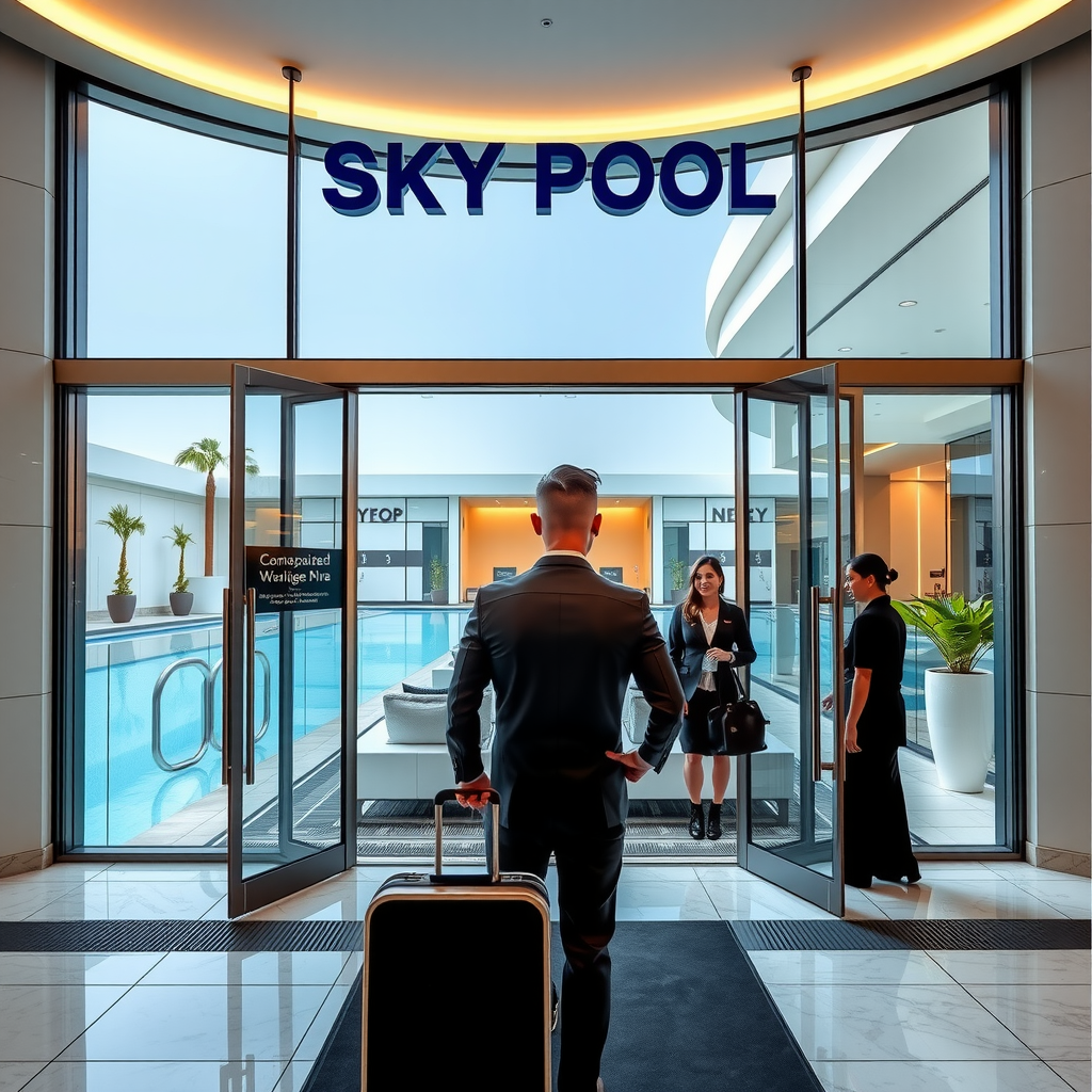 First-time visitor arriving at Sky Pool with Aura, showing the elegant entrance area with glass doors, modern architecture, and welcoming staff greeting guests at Dubai's exclusive infinity pool destination