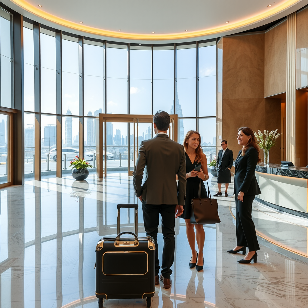 First-time visitor arriving at Sky Pool with Aura entrance, modern luxury lobby with floor-to-ceiling windows showing Dubai skyline, elegant reception desk with champagne gold accents, welcoming staff in professional attire, bright natural lighting