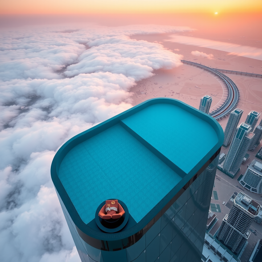 Breathtaking aerial photograph of Sky Pool with Aura's iconic infinity pool suspended in the clouds high above Dubai's glittering skyline during golden hour, with crystal-clear turquoise water creating mirror-like reflections of the pink and orange sunset, luxury loungers visible along the glass edges, and the vast Arabian desert stretching to the horizon