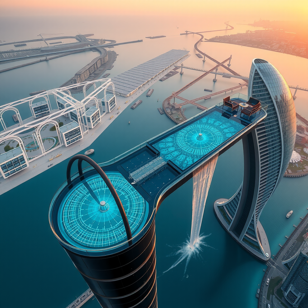 Architectural blueprint overlay on stunning aerial view of Sky Pool with Aura infinity pool extending over Dubai skyline at golden hour, showing transparent glass bottom and engineering marvel of cantilevered structure with water cascading over infinity edge