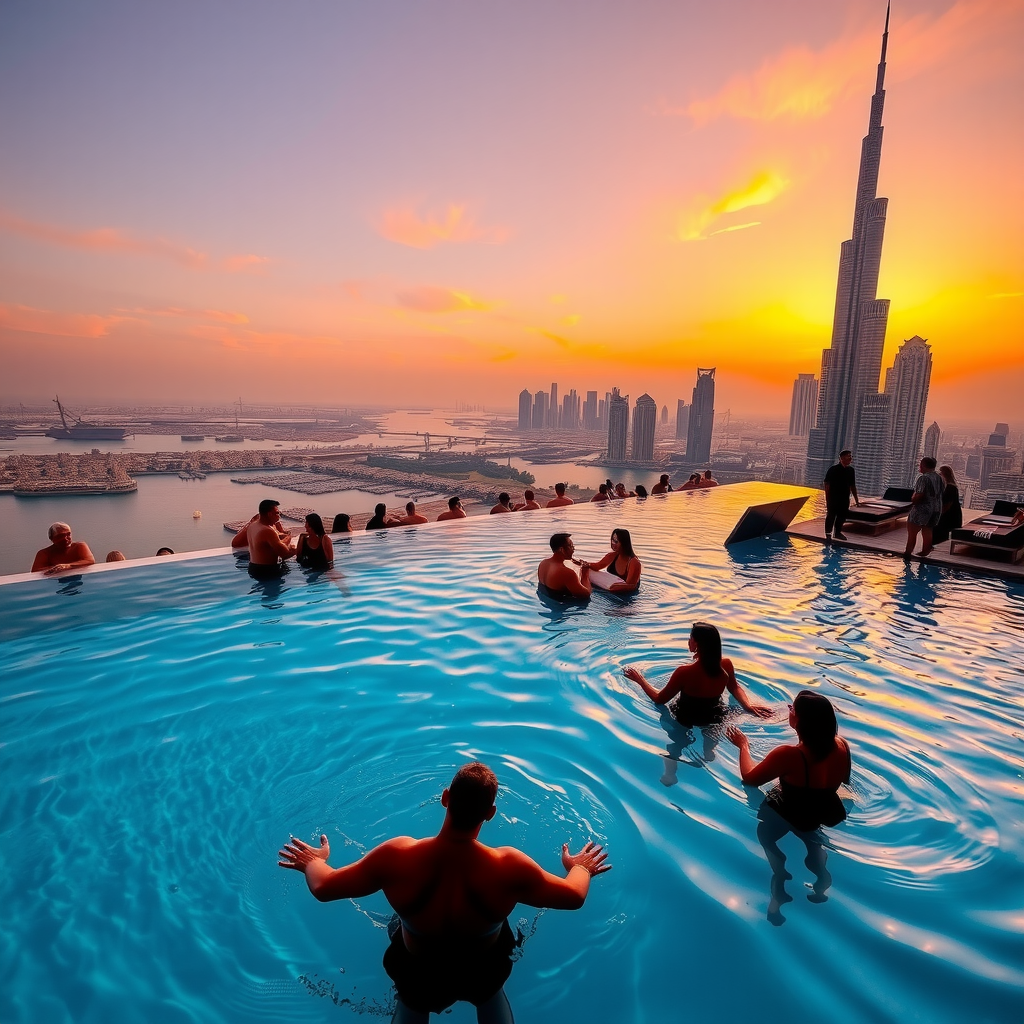 Breathtaking sunset view at Sky Pool with Aura, showing the infinity pool reflecting golden and orange hues of the Dubai sky, silhouettes of guests enjoying the water, and the city skyline bathed in warm twilight colors