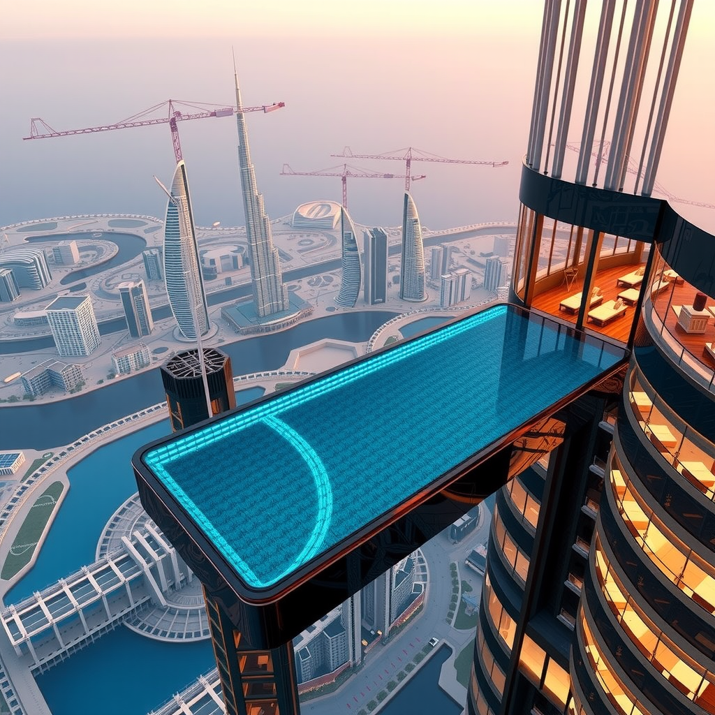 Early architectural renderings of Sky Pool with Aura showing the infinity pool design suspended high above Dubai's skyline with golden hour lighting and glass structural elements