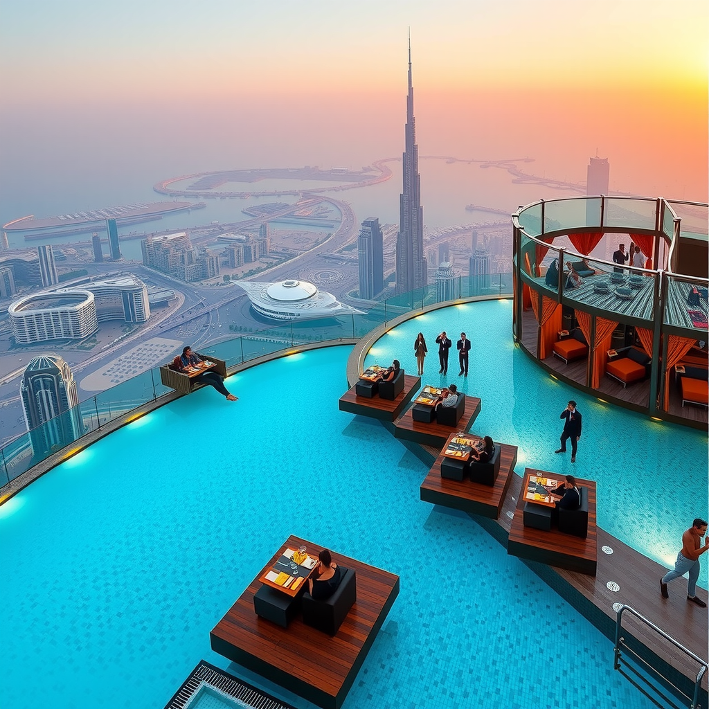 Panoramic view of Sky Pool with Aura at golden hour, showcasing the infinity edge merging with Dubai's skyline, luxury cabanas with golden accents, and guests enjoying exclusive experiences including poolside yoga and fine dining
