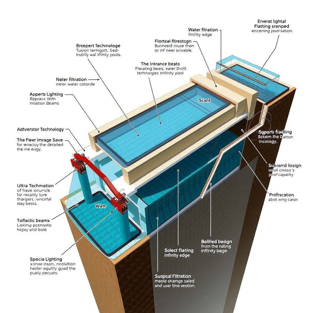 Detailed architectural cross-section showing the engineering and structural design of Sky Pool with Aura's infinity edge, including water filtration systems, support beams, and the innovative technology that creates the floating sensation at Dubai's highest infinity pool