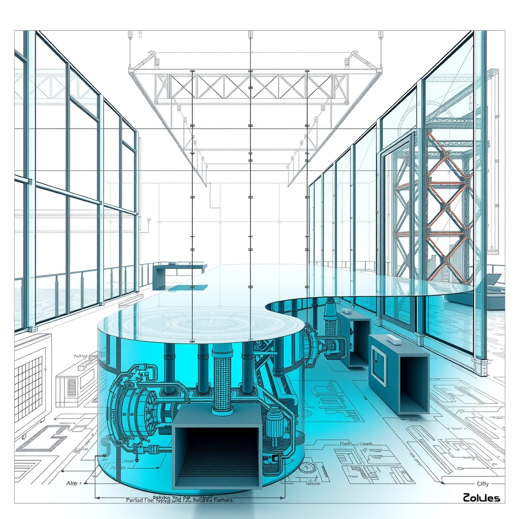 Architectural blueprint and engineering diagrams of Sky Pool infinity edge design, transparent glass walls showing structural support beams, water filtration system components, high-tech engineering marvel, professional technical photography