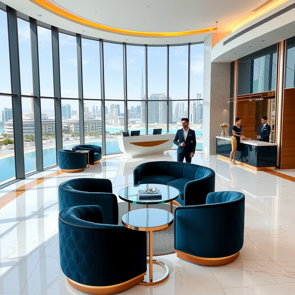 Sophisticated arrival lobby at Sky Pool with Aura showcasing floor-to-ceiling panoramic windows with breathtaking views of Dubai's skyline, polished white marble floors with champagne gold inlays, contemporary luxury furniture in deep ocean blue velvet, elegant reception desk with rose gold accents, and professionally dressed staff members in designer uniforms greeting guests with warm smiles
