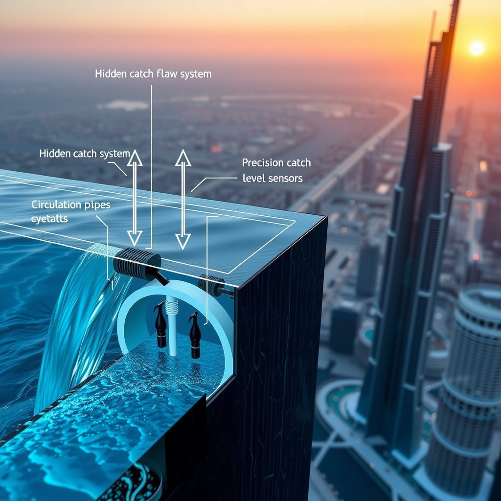 Detailed technical diagram showing cross-section of infinity pool edge with water flow arrows, hidden catch basin system, precision level sensors, and circulation pipes, overlaid on dramatic photo of water cascading over the edge with Dubai cityscape far below at sunset