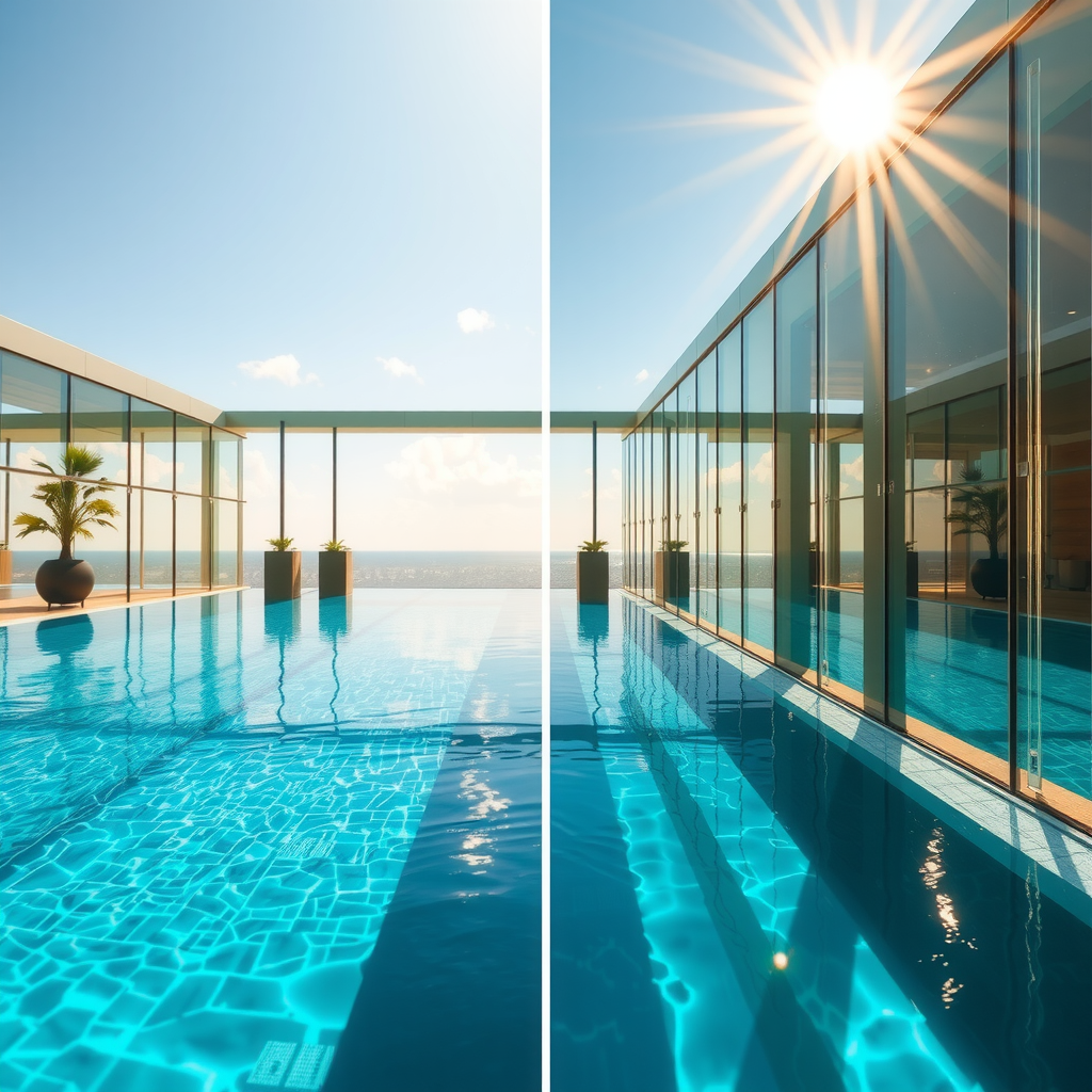 Scientific light study diagrams showing how natural sunlight refracts through water and glass at the Sky Pool with Aura, creating ethereal golden and blue atmospheric effects