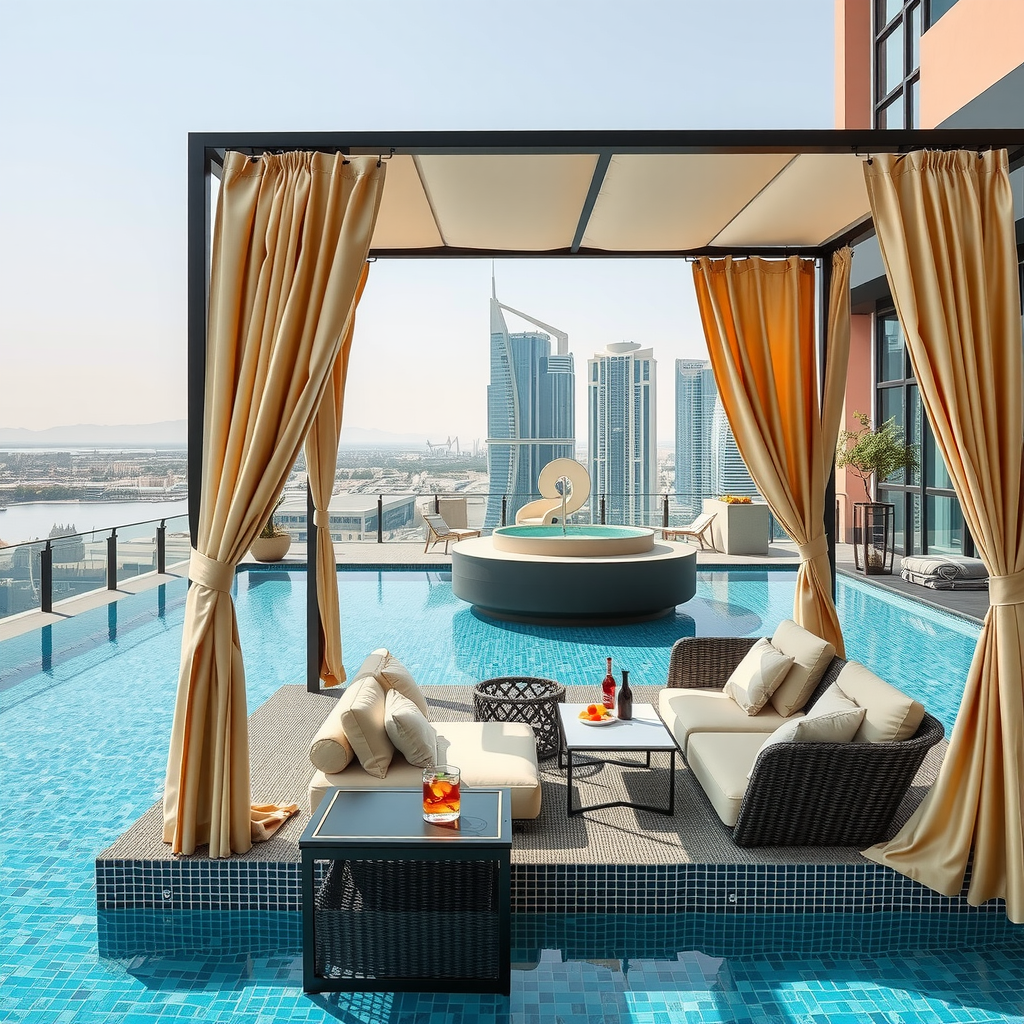 Elegant private cabana at Sky Pool with Aura featuring champagne gold silk curtains, comfortable lounge seating with ivory cushions, dedicated service station with refreshments, and unobstructed views of the infinity pool edge and Dubai's glittering skyline
