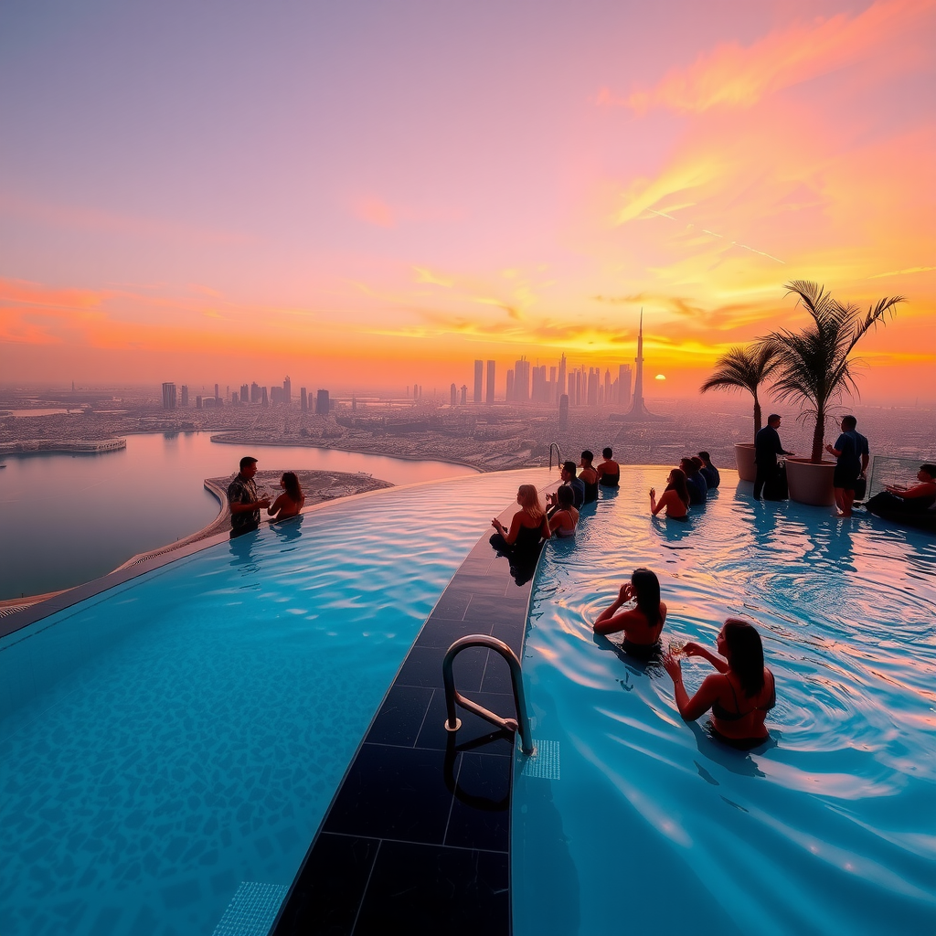 Breathtaking sunset view from Sky Pool with Aura showing the infinity pool edge merging with golden hour sky, silhouettes of guests enjoying the romantic atmosphere, and Dubai skyline bathed in warm orange and pink sunset colors reflecting on the water surface