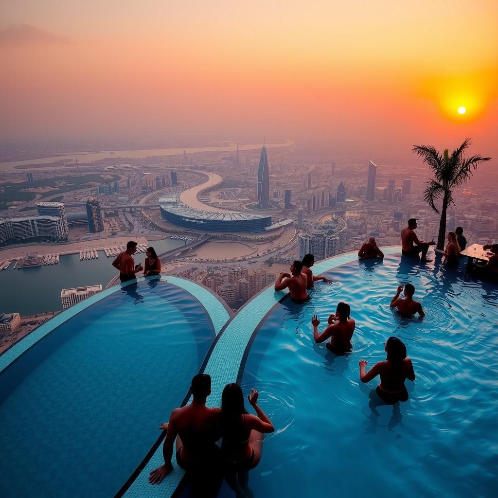 Breathtaking sunset view from Sky Pool infinity edge, golden hour lighting reflecting on water surface, silhouettes of guests enjoying pool, Dubai skyline in warm orange and pink hues, romantic atmosphere, professional sunset photography