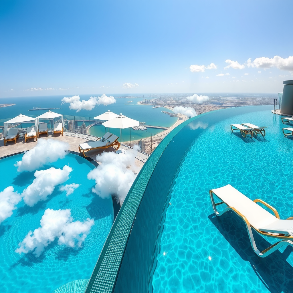 Mesmerizing view from the edge of Sky Pool with Aura's infinity pool showing crystal-clear turquoise water appearing to merge seamlessly with the azure sky, white luxury loungers with champagne gold frames arranged along the glass barrier, transparent pool floor revealing Dubai's glittering cityscape thousands of feet below, fluffy white clouds drifting at eye level, and the Arabian Gulf sparkling in the distance under brilliant sunshine