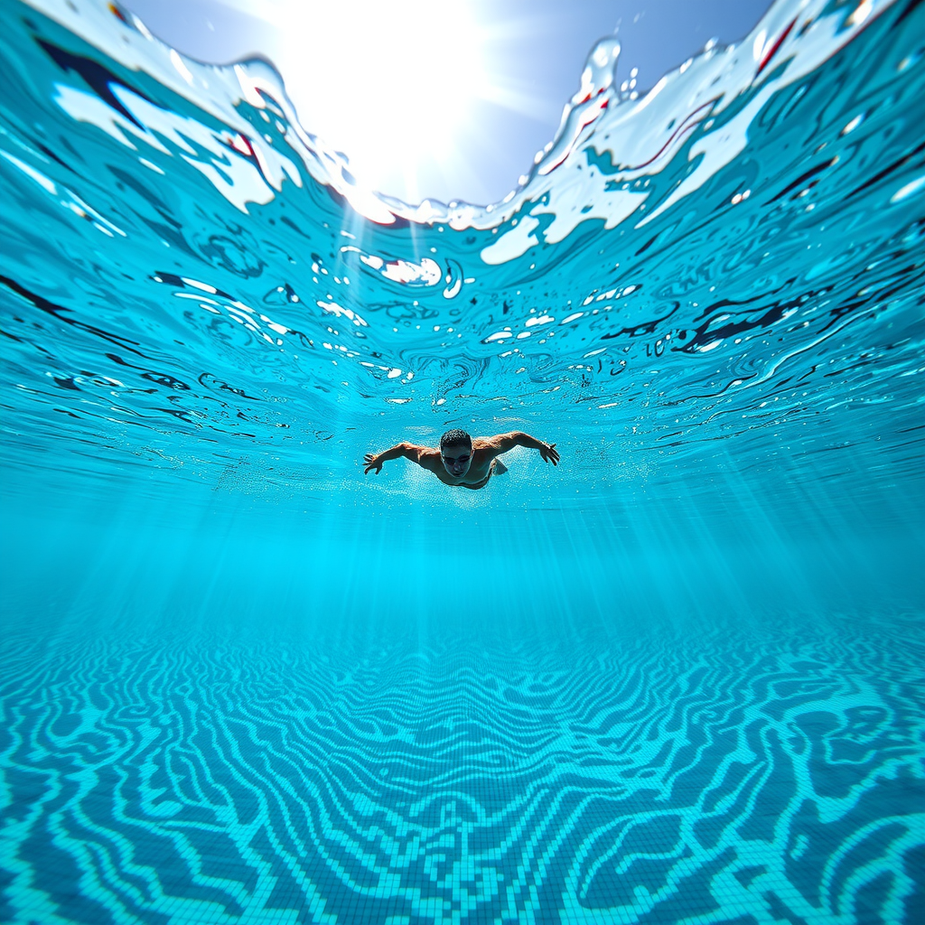 Stunning underwater perspective looking up through crystal clear water toward the surface with dramatic sunlight rays penetrating the depths, showing pristine water clarity, intricate mosaic tile patterns on pool bottom, and silhouette of swimmer floating above against bright sky