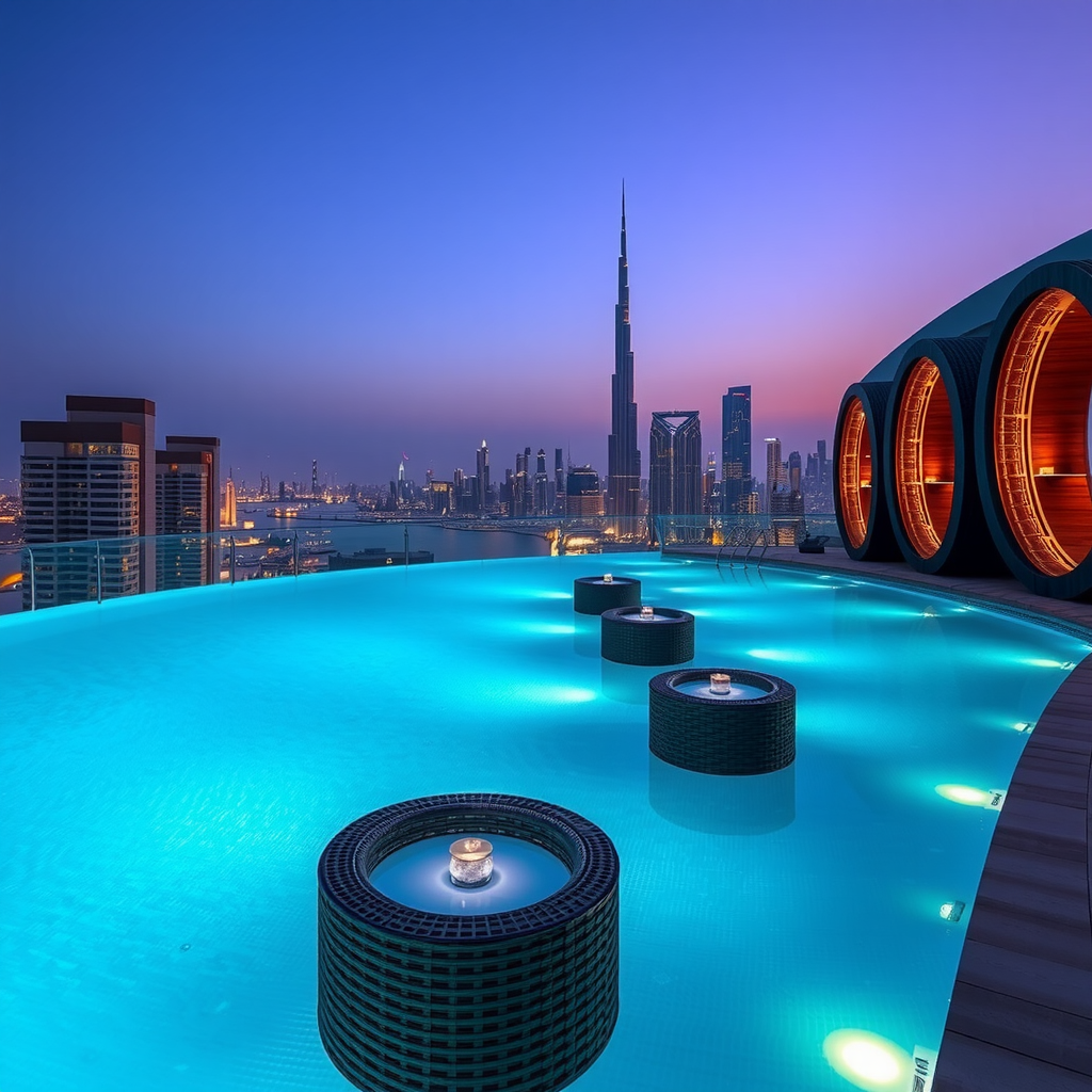 Sky Pool with Aura during twilight showing the sophisticated underwater lighting system creating a soft blue glow, with warm accent lights along the pool edges and the Dubai skyline illuminated in the background