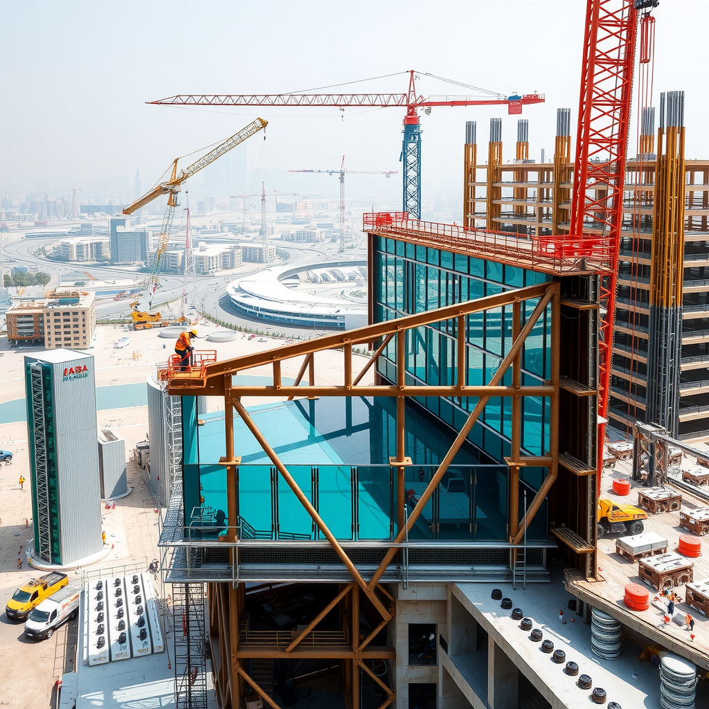 Construction site photograph showing the steel framework and glass installation of Sky Pool with Aura during building phase, with cranes and workers visible against Dubai skyline