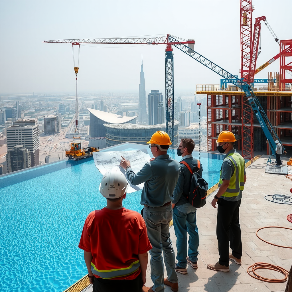 Behind-the-scenes construction photo of Sky Pool with Aura, architects reviewing blueprints on site, construction workers installing infinity edge, crane lifting materials, Dubai construction site, documentary-style photography
