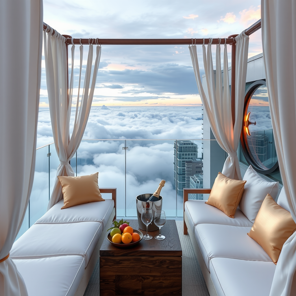 Exclusive luxury cabana at Sky Pool with Aura featuring plush white cushioned daybeds with champagne gold throw pillows, sheer flowing curtains billowing in the breeze, a low table with champagne bucket and fresh tropical fruits, panoramic views of clouds and sky through floor-to-ceiling glass panels, soft ambient lighting, and elegant rose gold fixtures creating an intimate oasis in the sky