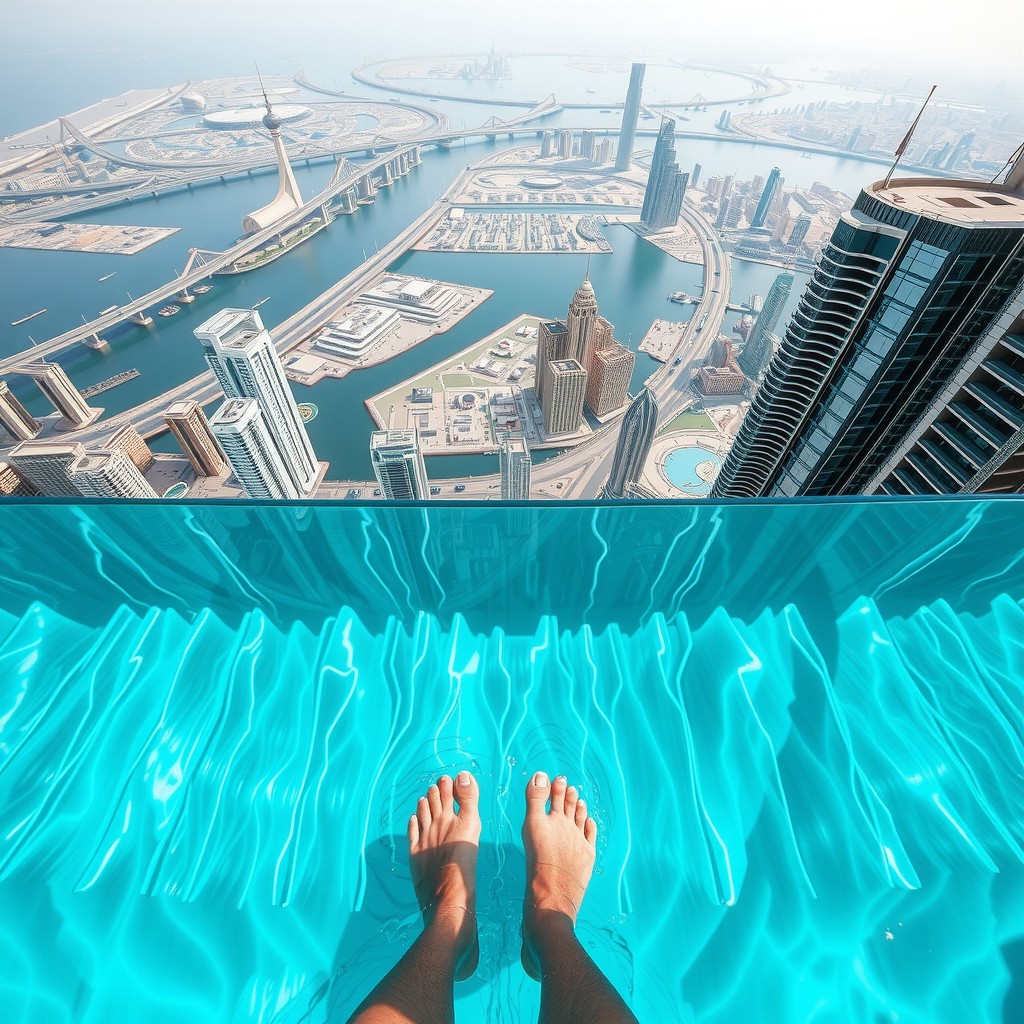 Breathtaking vertiginous view through transparent glass bottom of infinity pool showing Dubai cityscape hundreds of meters below with tiny cars and buildings, swimmer's feet visible above the thick glass panel, creating thrilling sense of floating in space above the city
