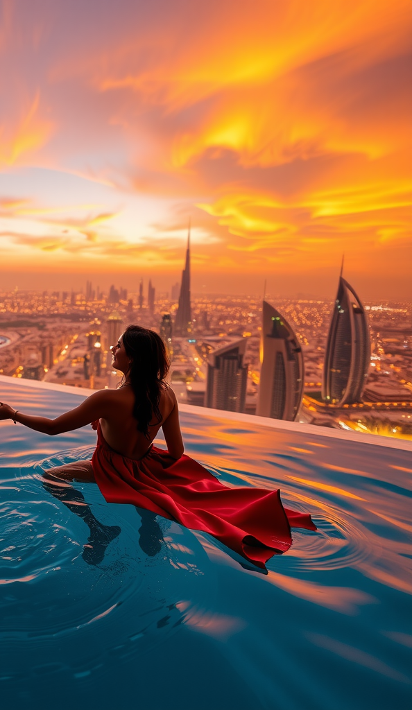 Romantic couple silhouetted against the golden sunset sky at Sky Pool infinity edge, holding hands while floating in the water, with Dubai's illuminated skyline visible below and warm orange and pink clouds above