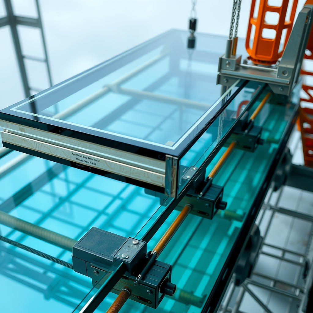 Close-up technical photograph of the transparent glass bottom panels being installed at Sky Pool with Aura, showing the layered construction and structural support system
