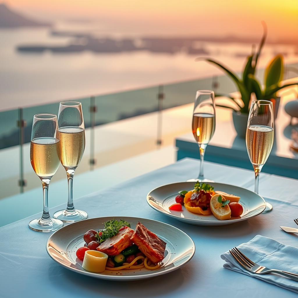 Sophisticated poolside dining experience at Sky Pool with Aura featuring exquisitely plated gourmet cuisine, crystal champagne flutes, pristine white linens with gold accents, elegant table settings, and the infinity pool's edge creating a stunning backdrop during golden hour