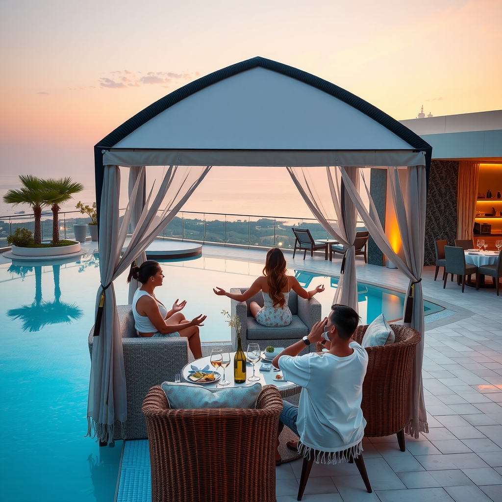 Luxury private cabana at Sky Pool with Aura, guests enjoying yoga session at sunrise, gourmet dining setup poolside, wellness treatments area, VIP lounge with champagne gold accents, lifestyle luxury photography