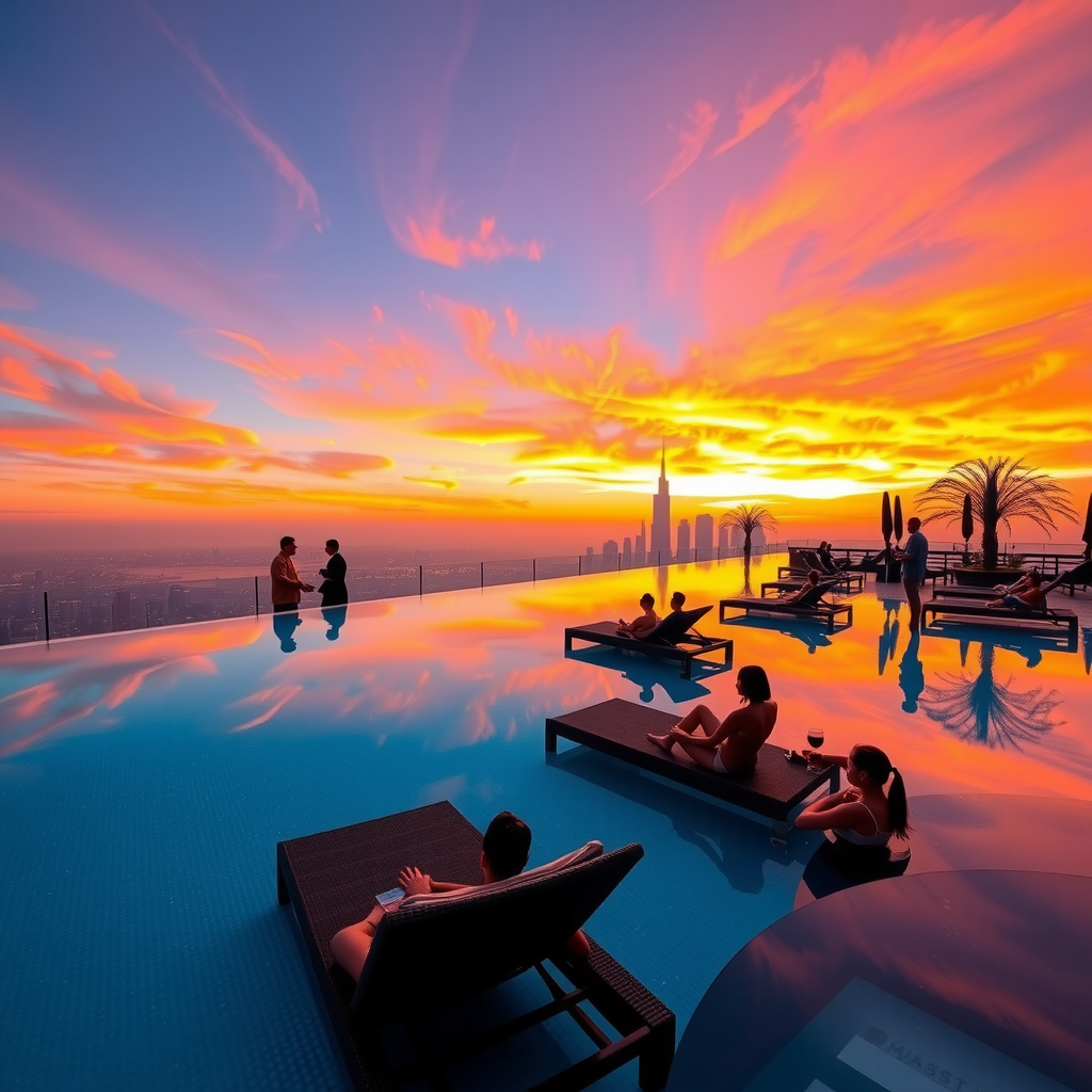 Breathtaking sunset scene at Sky Pool with Aura's infinity pool during golden hour, with the sky painted in brilliant shades of orange, pink, and purple reflecting perfectly in the still water, silhouettes of guests relaxing on luxury loungers, the Dubai skyline glowing in warm light below, wispy clouds catching the last rays of sun, and the pool's edge creating a seamless horizon where water meets sky in a spectacular display of natural beauty