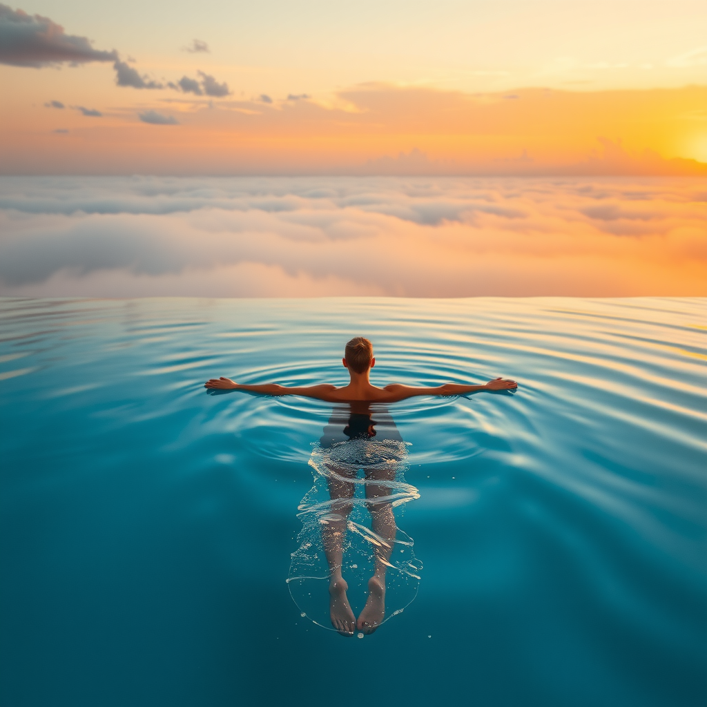 Ethereal scene of swimmer floating peacefully in infinity pool during golden hour with natural mist rising from water surface creating cloud-like atmosphere, sky and water merging seamlessly at horizon, warm amber light reflecting on calm water, creating dreamlike floating sensation