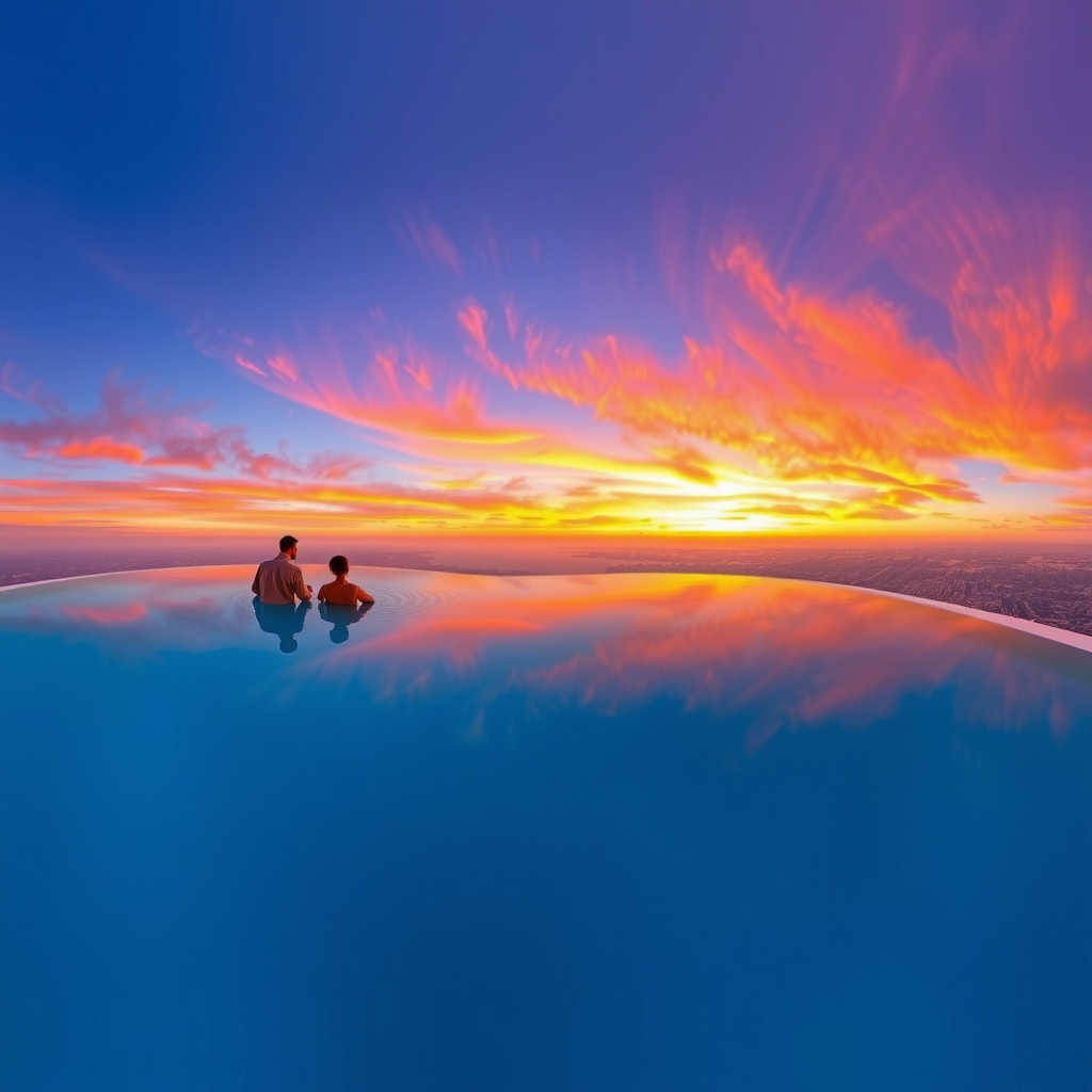 Wide panoramic view of the sky during sunset from Sky Pool, showing the gradient of colors from deep blue at the top through purple, pink, orange, and golden yellow near the horizon, with wispy clouds catching the light