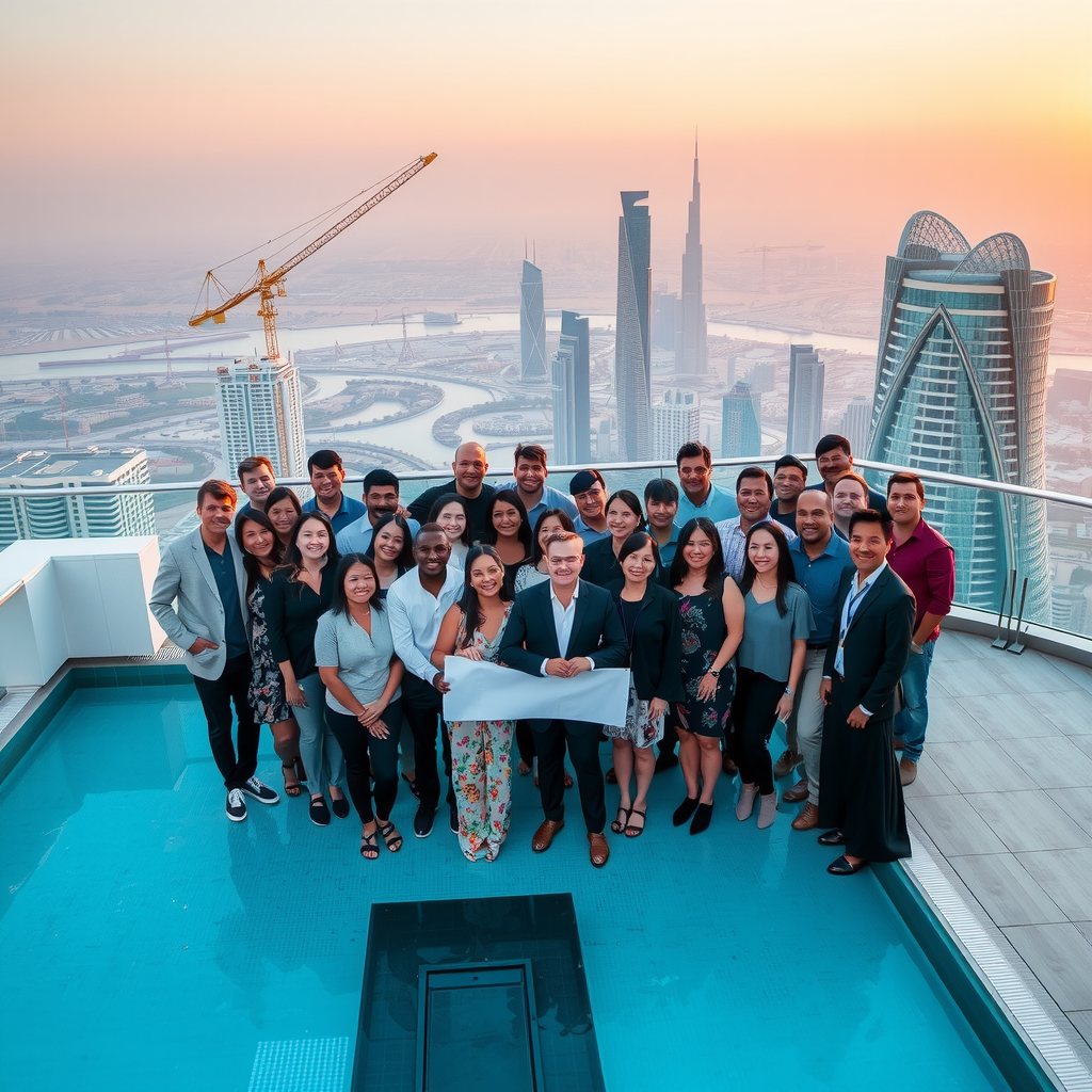 Group photograph of the diverse construction and design team celebrating at Sky Pool with Aura completion, with Dubai skyline in background during golden hour