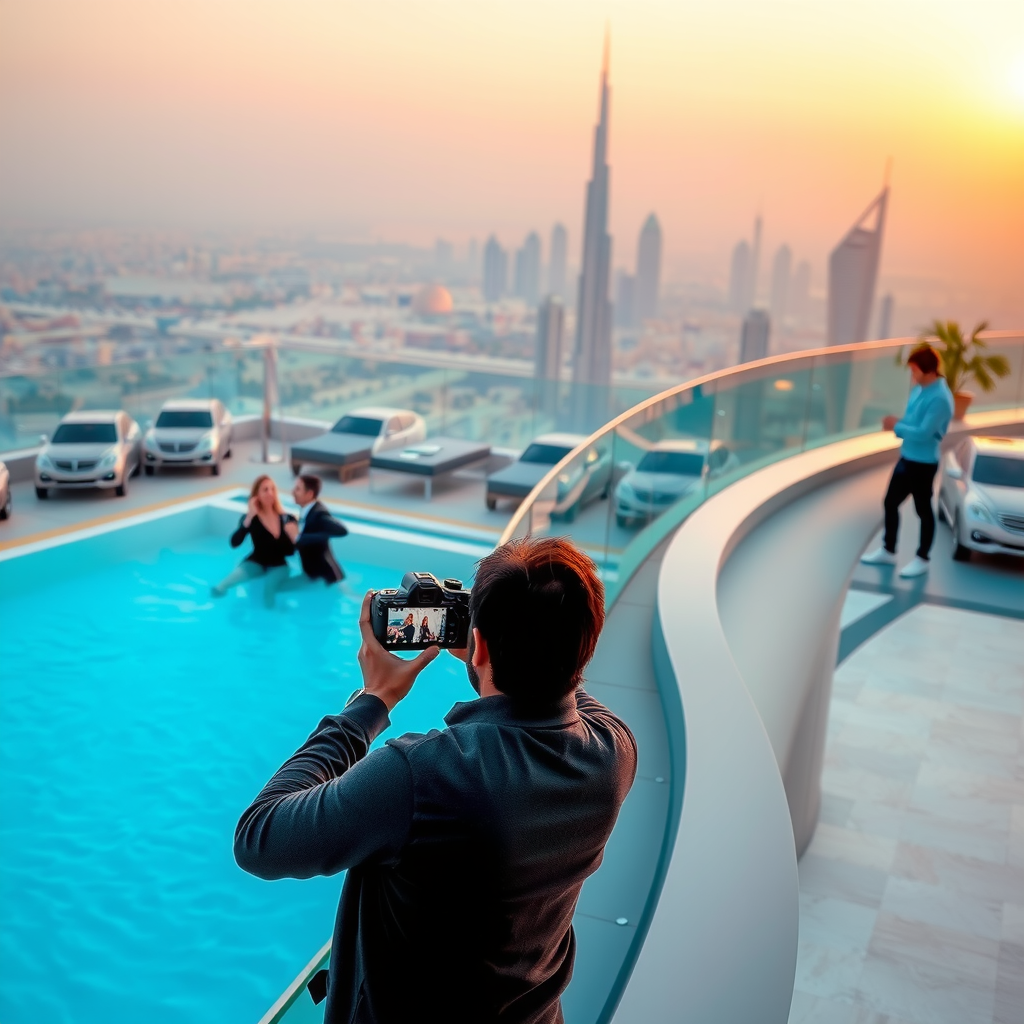Professional photography session at Sky Pool with Aura showing photographer capturing guests in elegant poses at the infinity pool edge, utilizing golden hour lighting, with Dubai's majestic skyline creating a breathtaking backdrop, exemplifying the luxury photography packages available