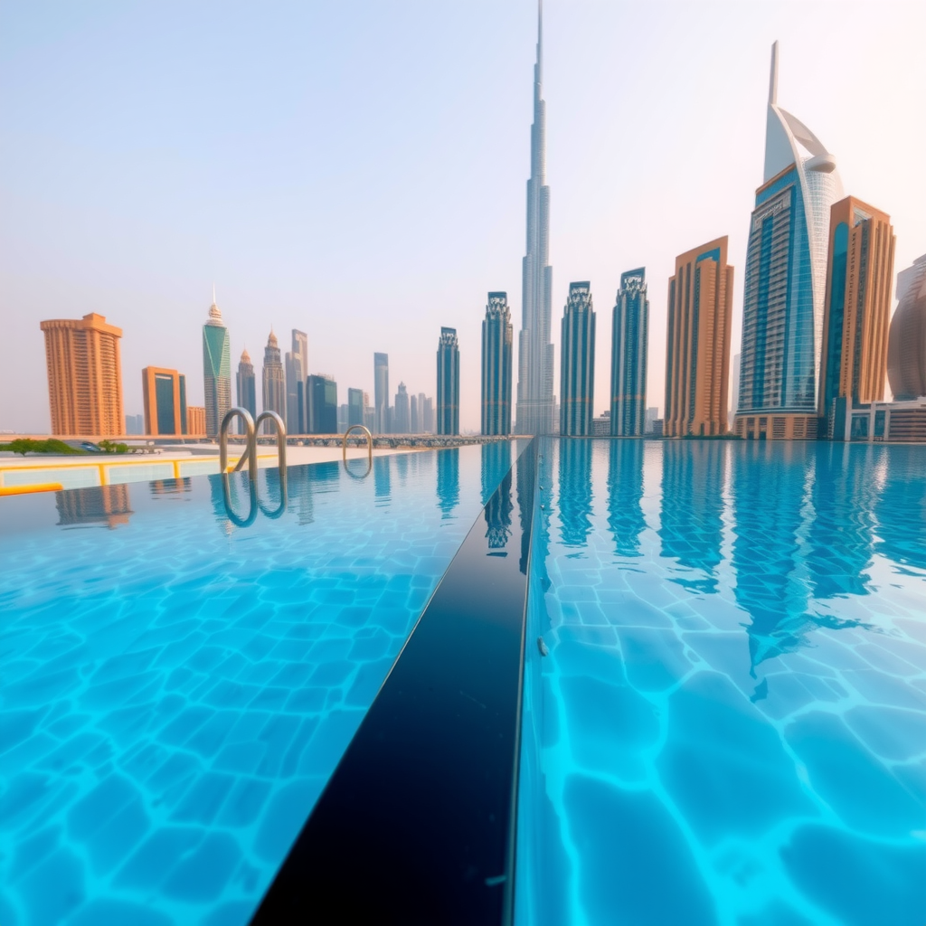 Close-up view of the infinity pool edge seamlessly blending with the Dubai skyline