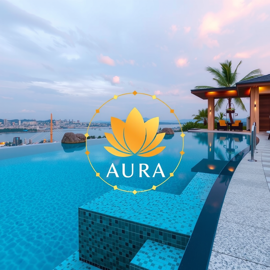 Sky Pool with Aura logo icon featuring stylized infinity pool symbol in champagne gold