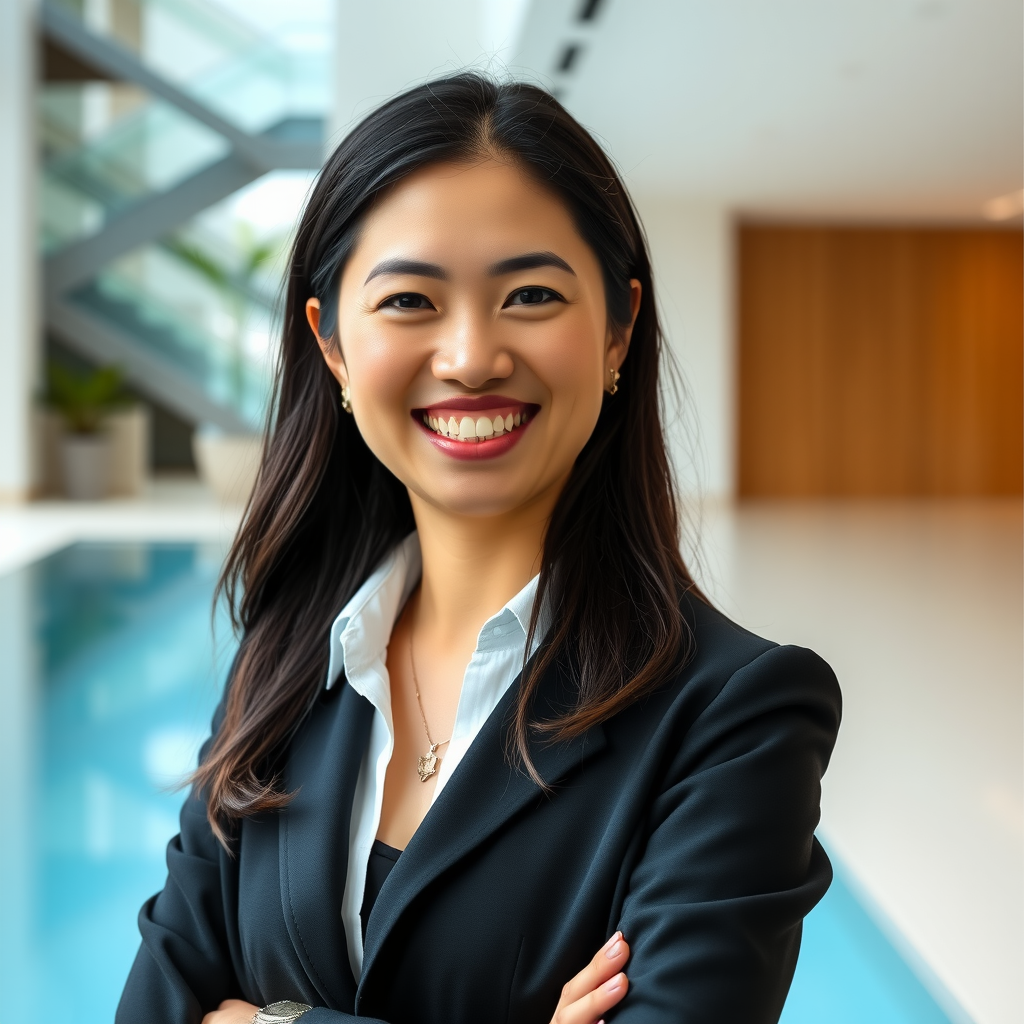 Professional headshot of Dr. Sarah Chen, architectural engineer and pool design specialist, smiling confidently in business attire