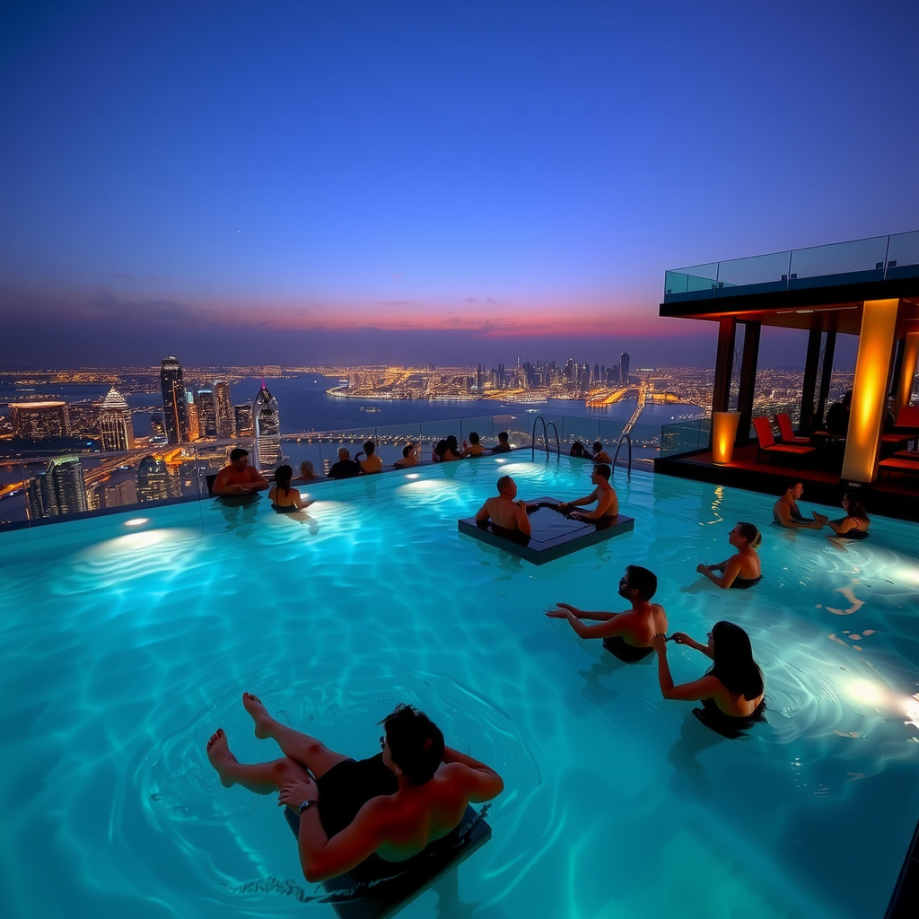 Atmospheric shot of Sky Pool during twilight showing guests relaxing in the water, soft lighting creating a warm glow, the first stars appearing in the darkening sky, and the city lights beginning to sparkle below