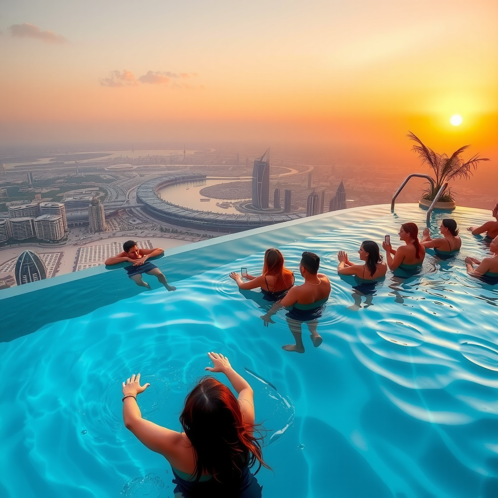 Stunning photograph of guests enjoying Sky Pool with Aura at sunset, with the infinity edge merging with golden sky and Dubai cityscape visible below through crystal clear water