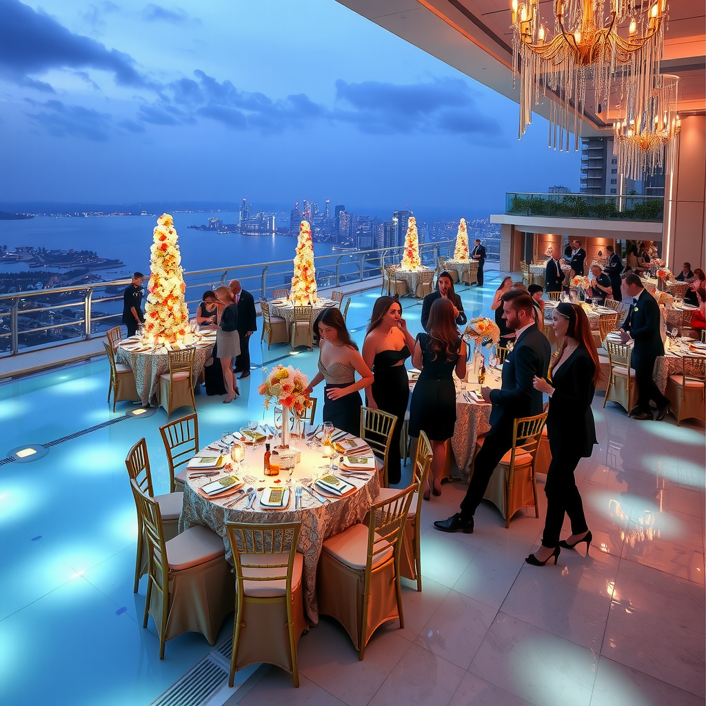 Spectacular celebration event at Sky Pool with Aura featuring elegantly decorated tables with champagne gold accents, impressive champagne tower, sophisticated lighting design, guests in formal attire celebrating, and the infinity pool creating a magical atmosphere for special occasions