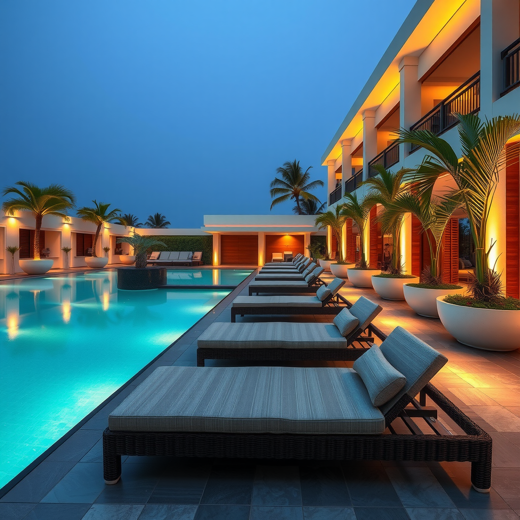 Luxurious poolside lounge area with comfortable sunbeds and ambient lighting