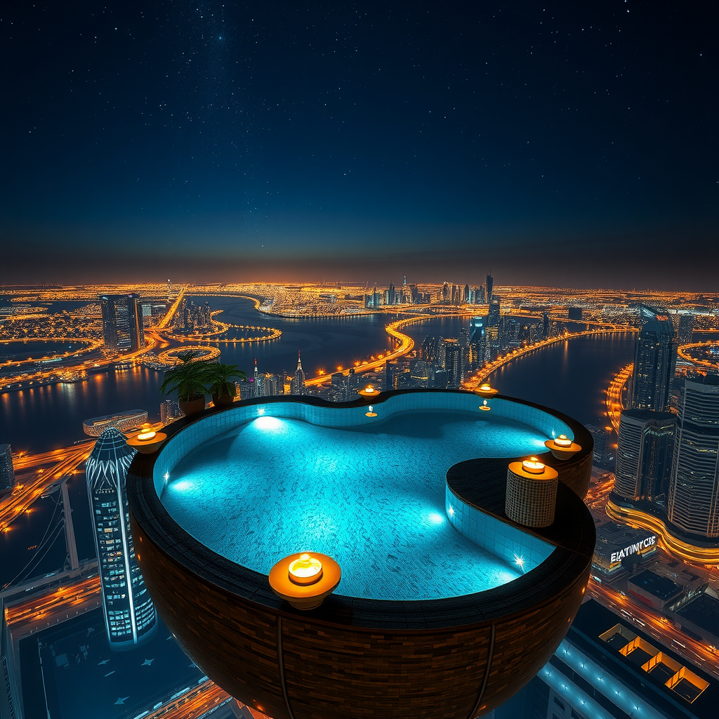 Breathtaking night photograph of Sky Pool with Aura illuminated with golden aura lighting effects, reflecting stars above and city lights below, creating a magical floating oasis in the sky
