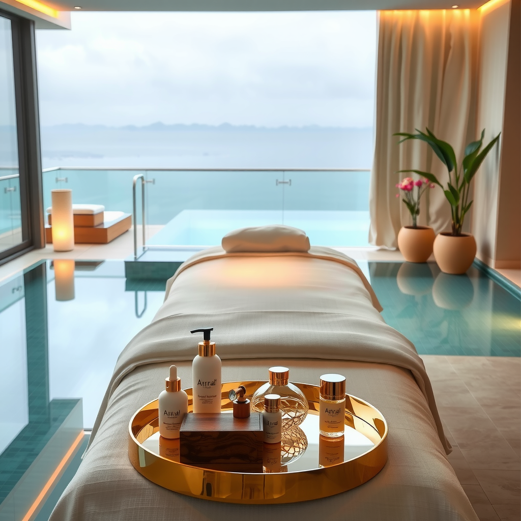 Tranquil wellness treatment area at Sky Pool with Aura featuring a premium massage table with ivory linens, aromatherapy diffusers, luxury wellness products displayed on champagne gold trays, soft lighting, and the peaceful infinity pool visible in the background creating a serene spa atmosphere