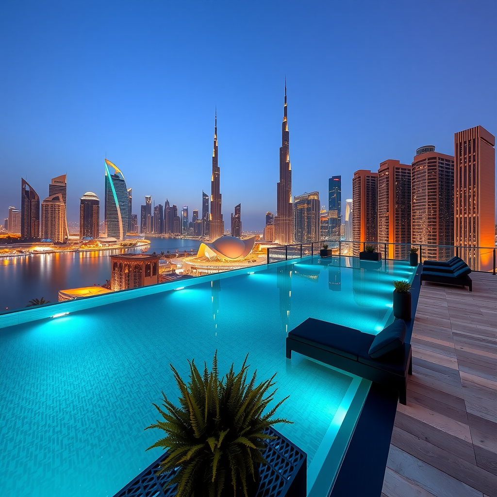 Stunning panoramic view of Dubai's illuminated skyline from the pool deck at dusk