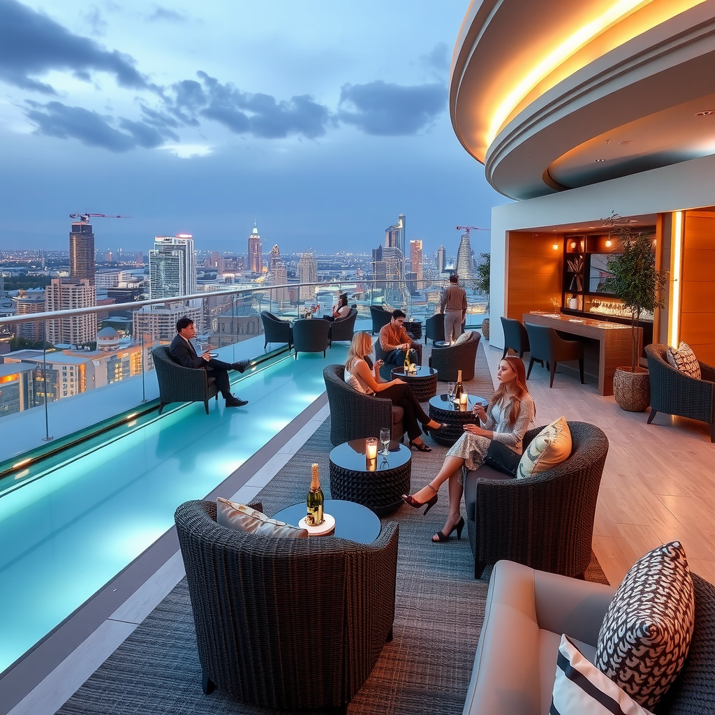 Exclusive VIP members lounge at Sky Pool with Aura showcasing premium seating areas with champagne gold accents, dedicated champagne service, sophisticated décor, members relaxing in luxury, and access to exclusive amenities that define the VIP membership experience